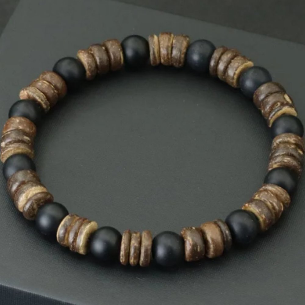 Black Onyx Bracelet,Coconut Bracelet,Gemstone and Coconut Beads Bracelet